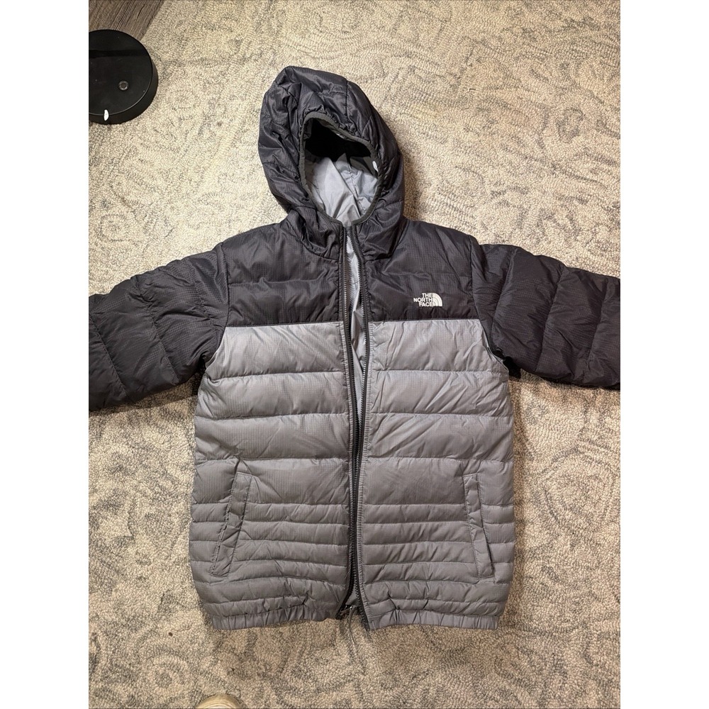 The North Face Boys Reversible 550 Down Puffer Jacket Grey Black Large 14/16